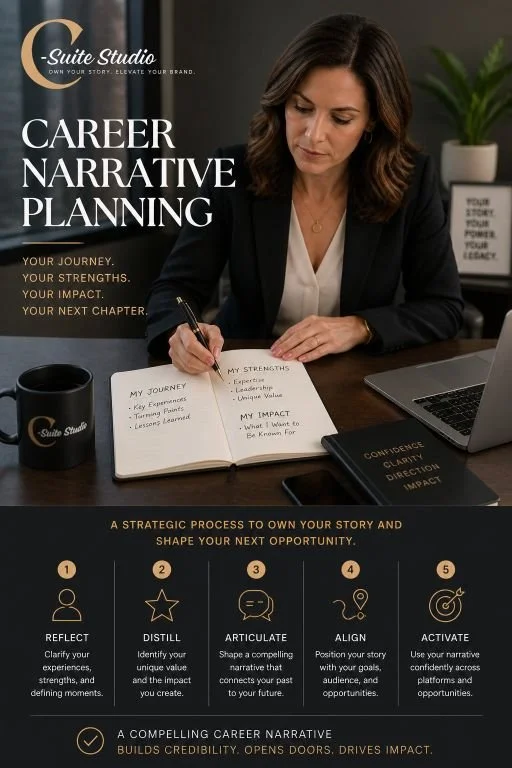 A woman in a black blazer and white blouse sitting at a desk, writing in a notebook with a pen, surrounded by a laptop, black mug, and books, promoting career narrative planning.