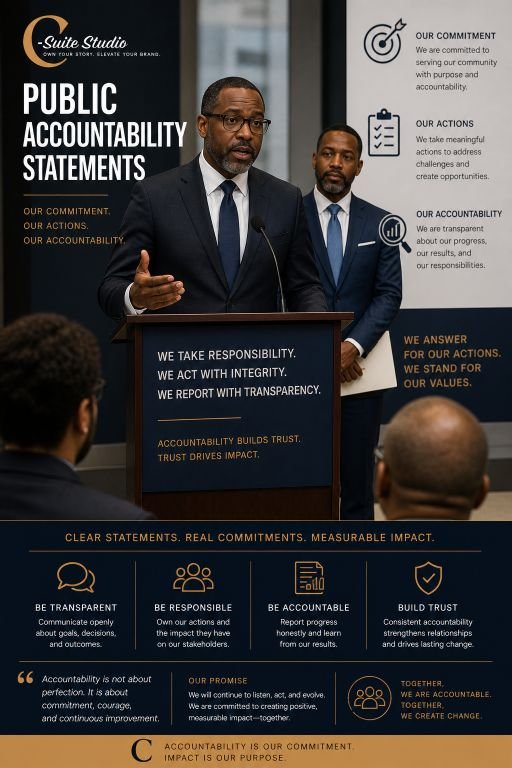 Two men in suits standing at a podium during a public accountability statements presentation. One man is speaking, and a large poster with text about accountability and commitments is behind them.