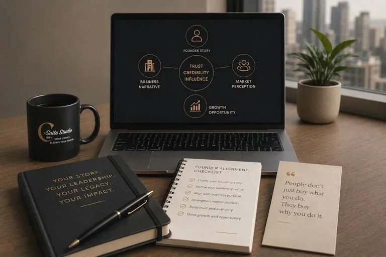 A workspace with a laptop displaying a diagram about trust, credibility, influence, and growth. There is a black coffee mug, a notebook with a pen, a founder alignment checklist, and a motivational quote card on a wooden desk near a window with a city skyline.