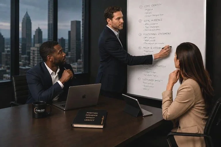 Three business professionals in a modern office with large windows and cityscape view, engaged in a presentation. One man writes on a whiteboard filled with notes, while a woman listens and a man with a laptop observes.