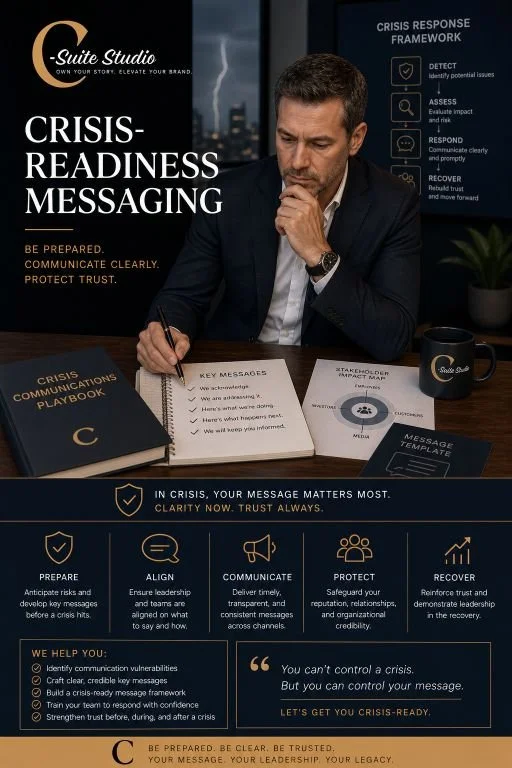A man sitting at a desk reviewing crisis communication materials, including a 'Crisis Readiness Messaging' guide, key messages, stakeholder impact map, and a message template. The background shows a window with a cityscape view, and there is a coffee mug and a potted plant on the desk.