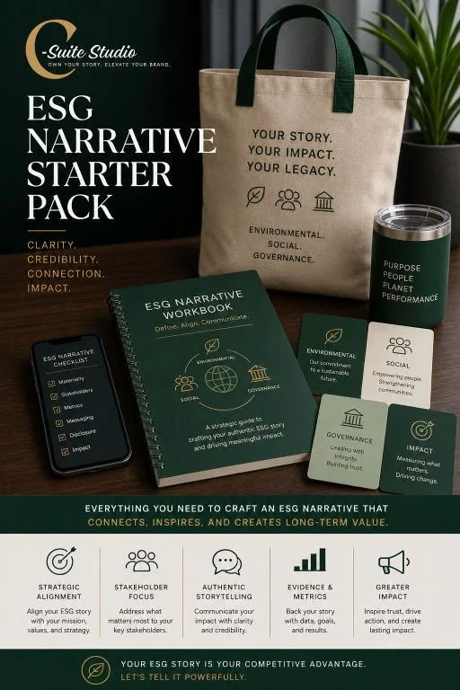 Display of ESG Narrative Starter Pack including a black box with white text, a beige bag with text, a green workbook, a green tumbler, and three cards, all related to environmental, social, and governance topics.