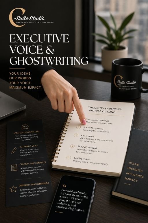 A workspace with a person pointing at a notebook titled "Thought Leadership Article Outline" on a desk. Other items include a laptop, a black mug with the brand logo, a plant in a white pot, a black book titled "Ideas, Insights, Influence, Impact," and a smartphone displaying leadership quote.