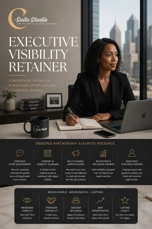 A professional woman sitting at a desk with a laptop, notepad, and coffee mug in a modern office with a city skyline window. The background features a promotional board for 'Executive Visibility Retainer', highlighting services like strategic story development, content planning, multi-channel amplification, reputation building, and strategic partnership. The bottom section emphasizes measurable impact, including increased visibility, credibility, influence, opportunities, and legacy.