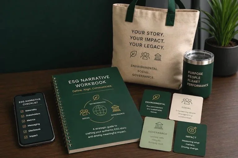 Eco-friendly tote bag with printed text, a closed green travel mug with words, a green notebook titled 'ESG Narrative Workbook,' a smartphone with an ESG checklist, and three small square cards with sustainability related icons and text, all on a wooden surface near a plant.