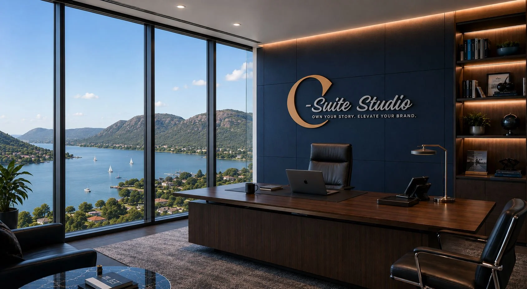 Modern corporate office with large floor-to-ceiling windows overlooking a lake and mountains, featuring a wooden desk with office supplies, a black leather chair, and a blue accent wall with a sign that reads 'C-Suite Studio' and the slogan 'Own Your Story. Elevate Your Brand.'