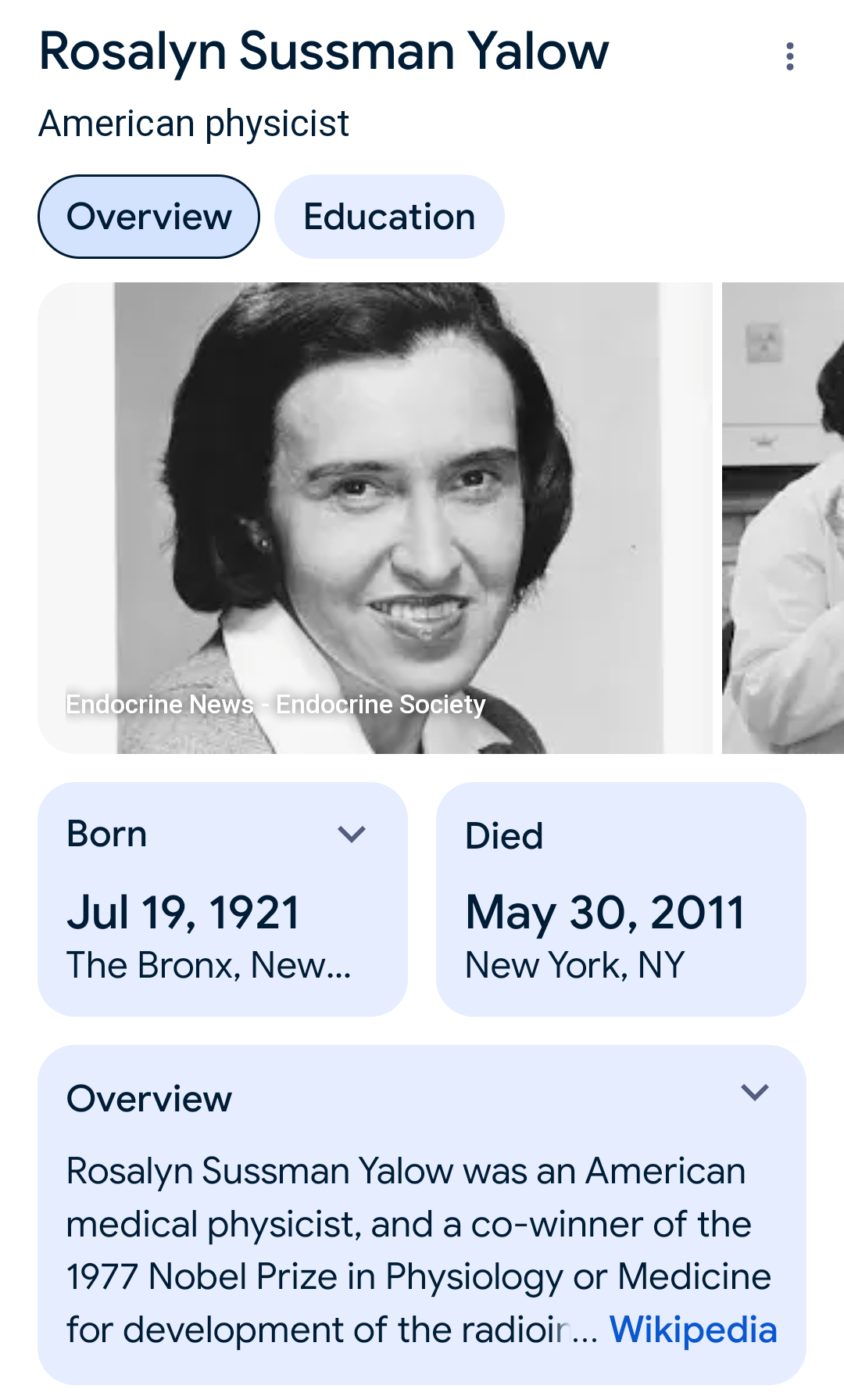 Mildred's Lab Partner & Friend Nobel Price Winner Rosalyn Yalow