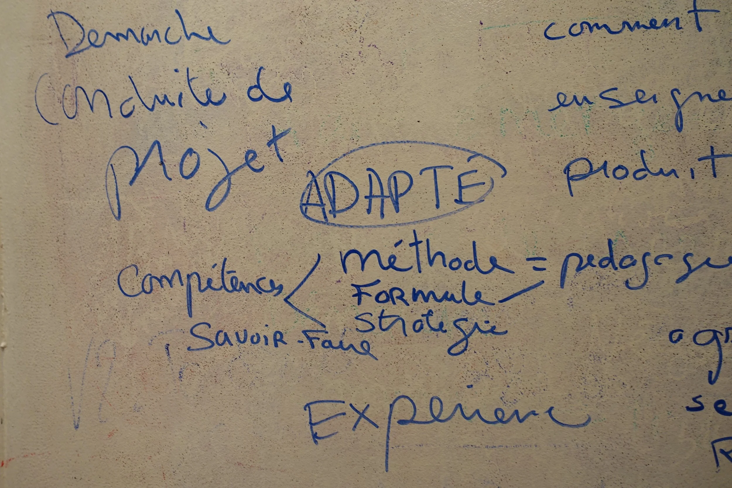 Notes manuscrites en bleu sur une feuille de papier, sujet : adaptation. Inclut des mots comme compétences, méthodes, expérience, et schémas, avec certains mots encadrés ou soulignés.