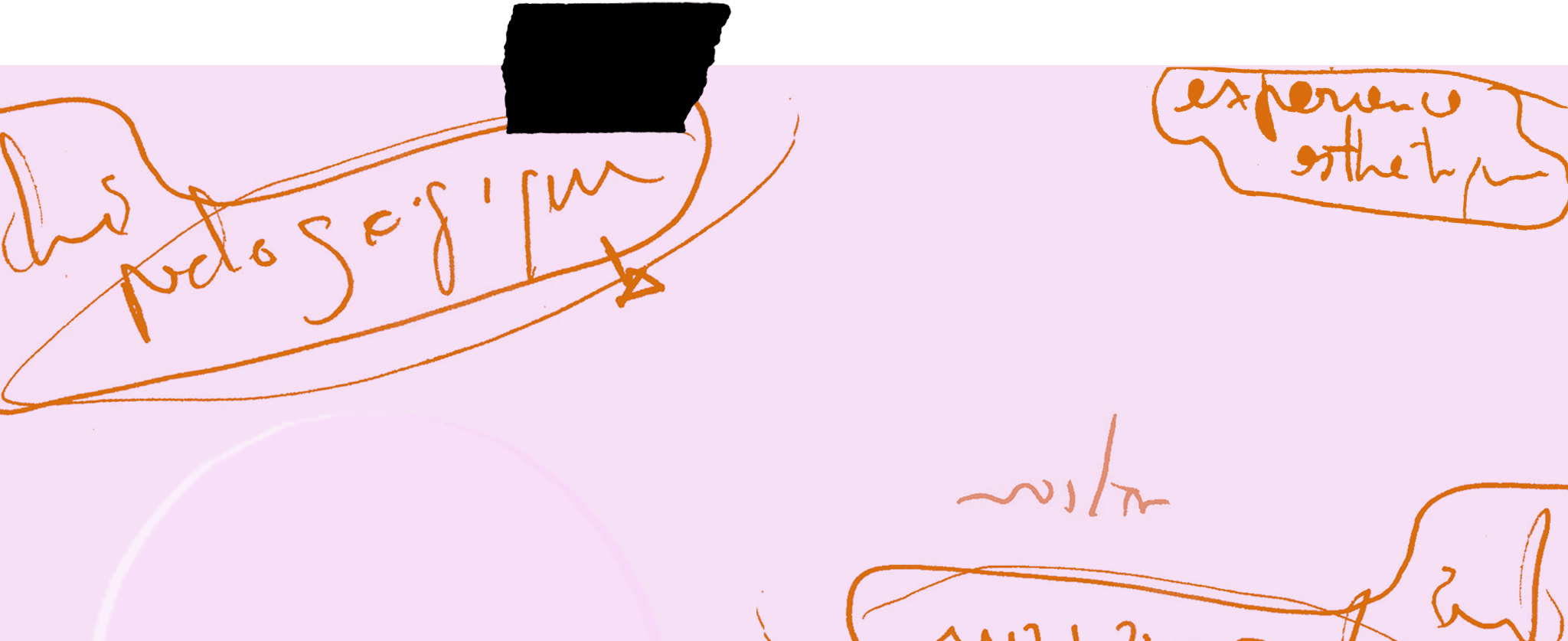 Croquis avec dessins et textes en orange, comprenant une mention « les ardoises » et une autre partie indiquant « la nouvelle arrivée ».