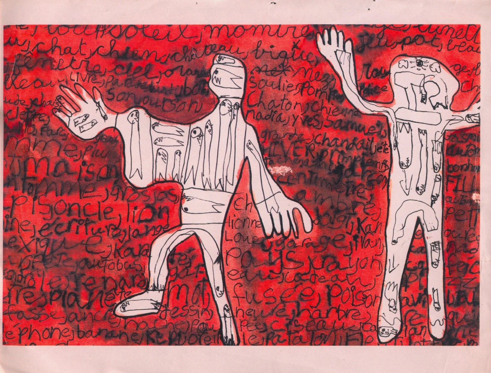 Une peinture représentant deux figures dessinées à la main avec un fond rouge recouvert d'écriture en noir. Les figures sont esquissées en traits noirs, avec des détails simplifiés et des expressions manuscrites.