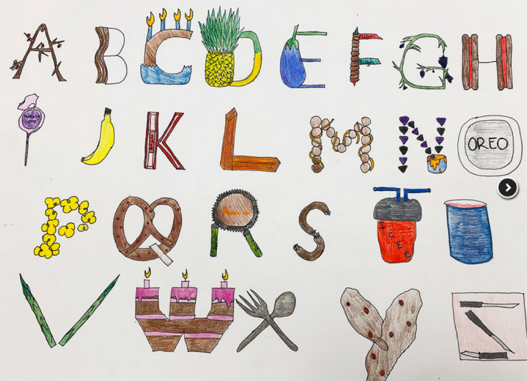Mots pour former 'ABECEDARIAN' avec des dessins représentant chaque lettre: A avec une branche, B en bois, C avec une ananas, D avec une branche de bambou, E avec un fruit bleu, F avec un branche de vigne, G avec des brins de raisin, H en bois, I ave