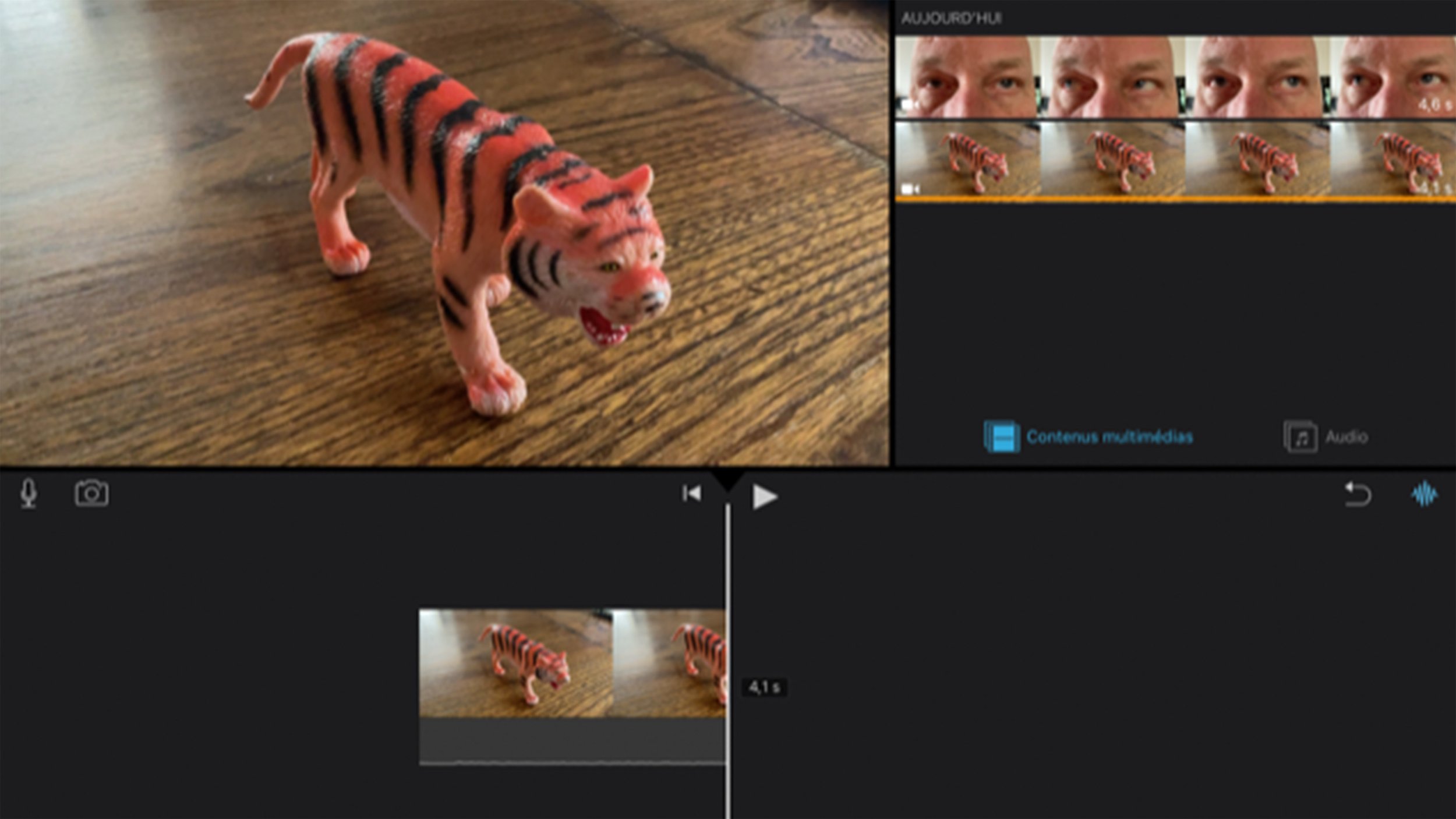Montage de vidéo montrant une figurine de tigre en plastique sur une surface en bois, avec une section de montage vidéo et un aperçu d'une séquence vidéo, et un aperçu de la tête d'une personne.