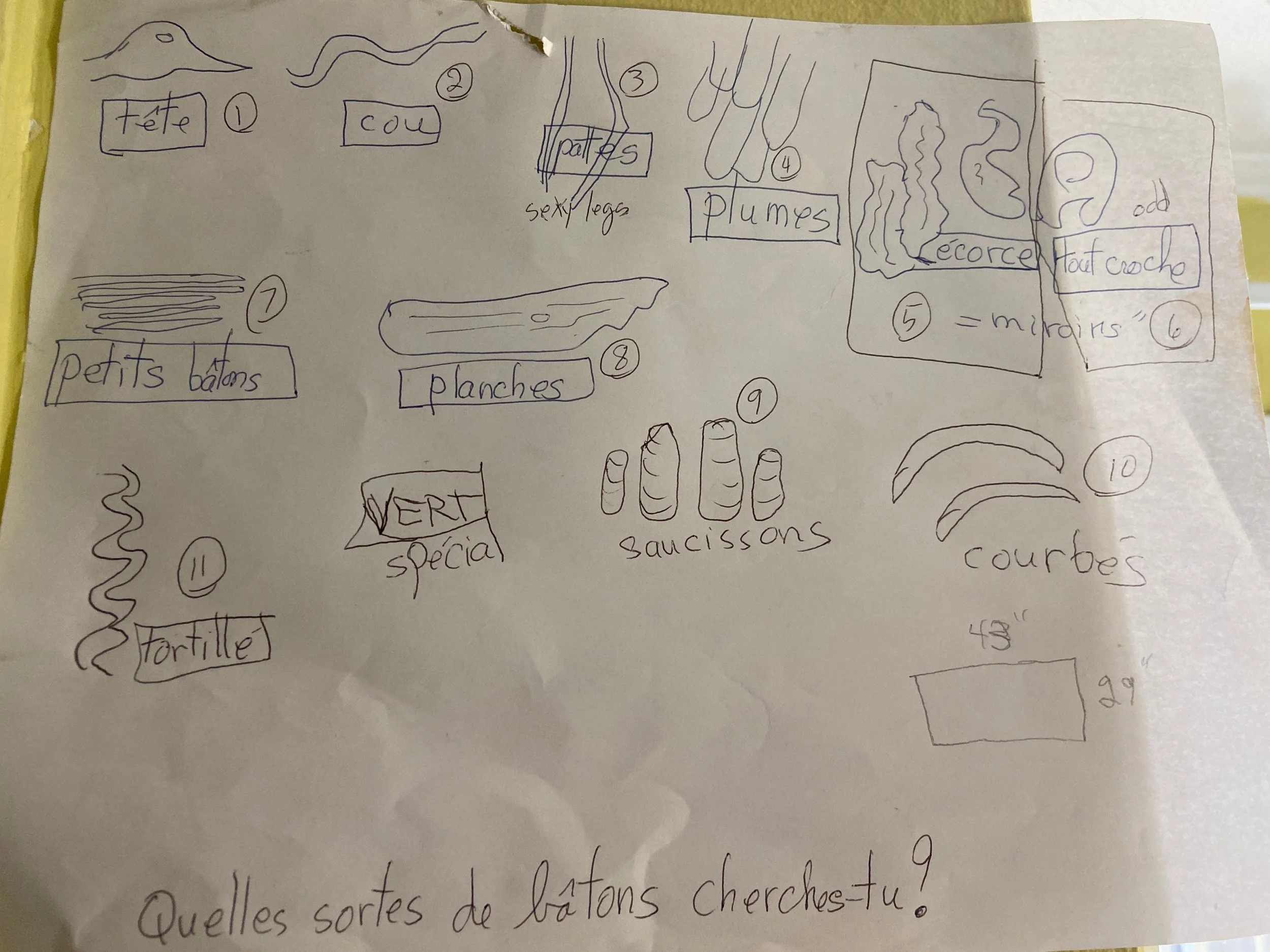 Une feuille de papier avec des dessins et des annotations en français décrivant différentes formes de bâtons de recherche et leurs styles, comme la tête, le cou, les plumes, le serpent, les petits bâtons, les planches, et les saucissons, avec des détails comme un motif en zigzag, un motif en marais, etc.