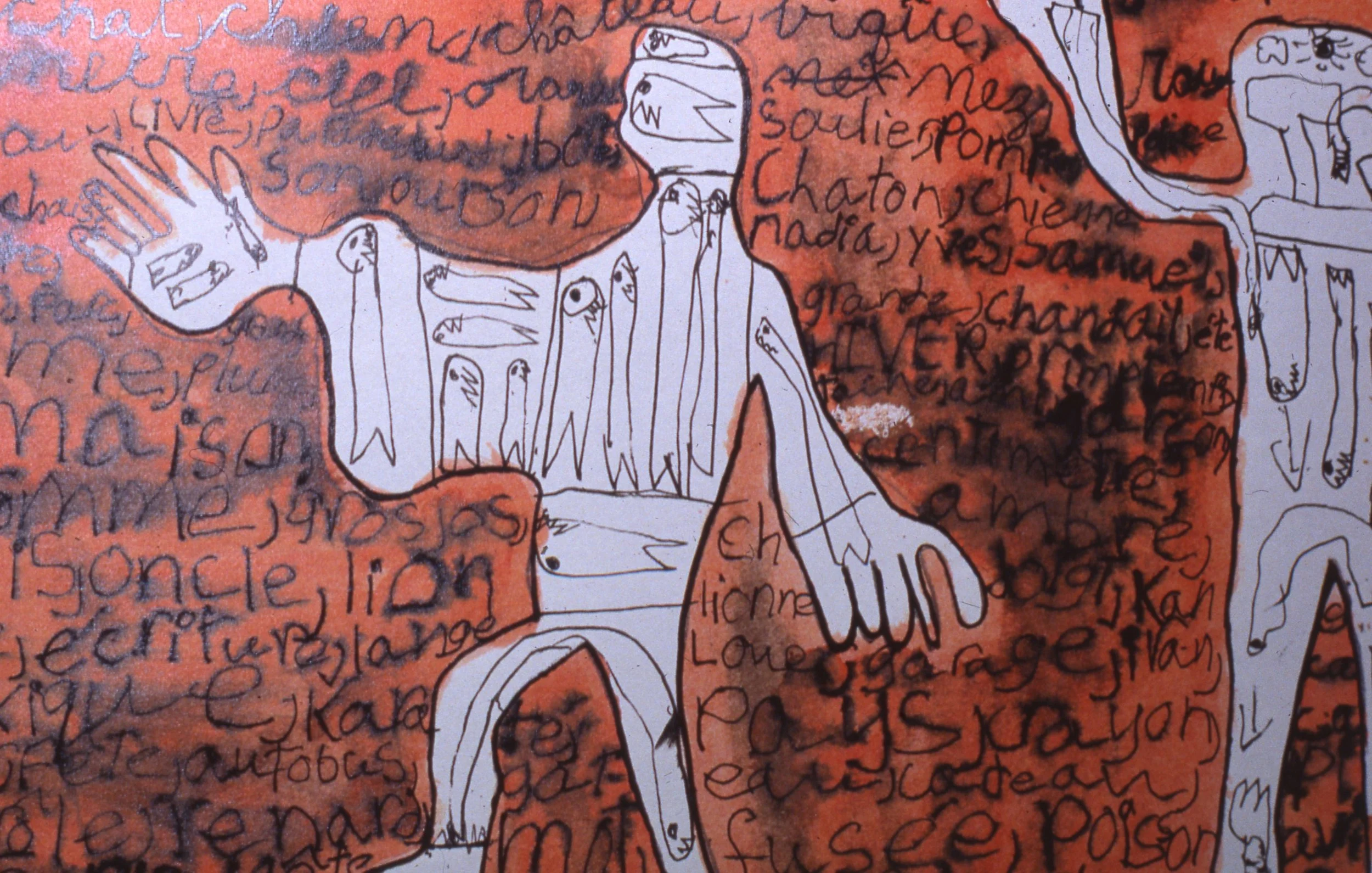 Une illustration abstraite représentant un arbre avec plusieurs branches, entouré de texte en français écrit en arrière-plan. L'arbre est dessinée en lignes noires simples, sur un fond coloré en orange et en rouge, avec des détails en noir.