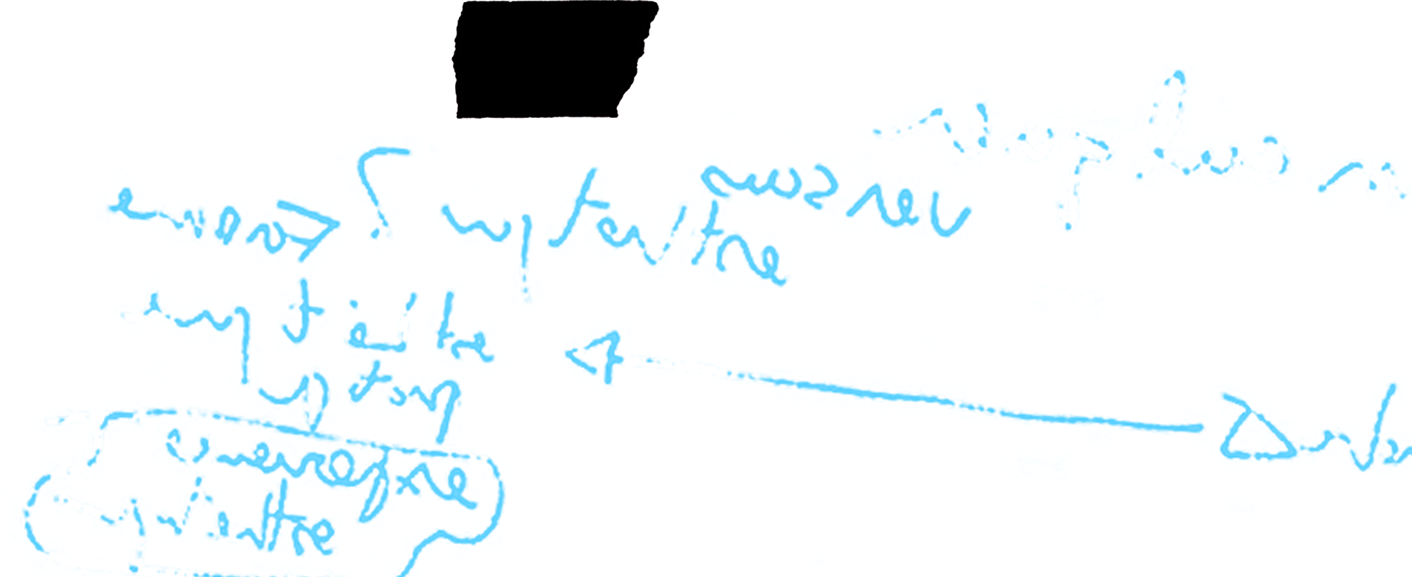 Schéma de notes écrit à la main avec un rectangle noir en haut, flèche pointant vers le bas, texte en français, écrit en bleu, de manière floue et difficile à lire.