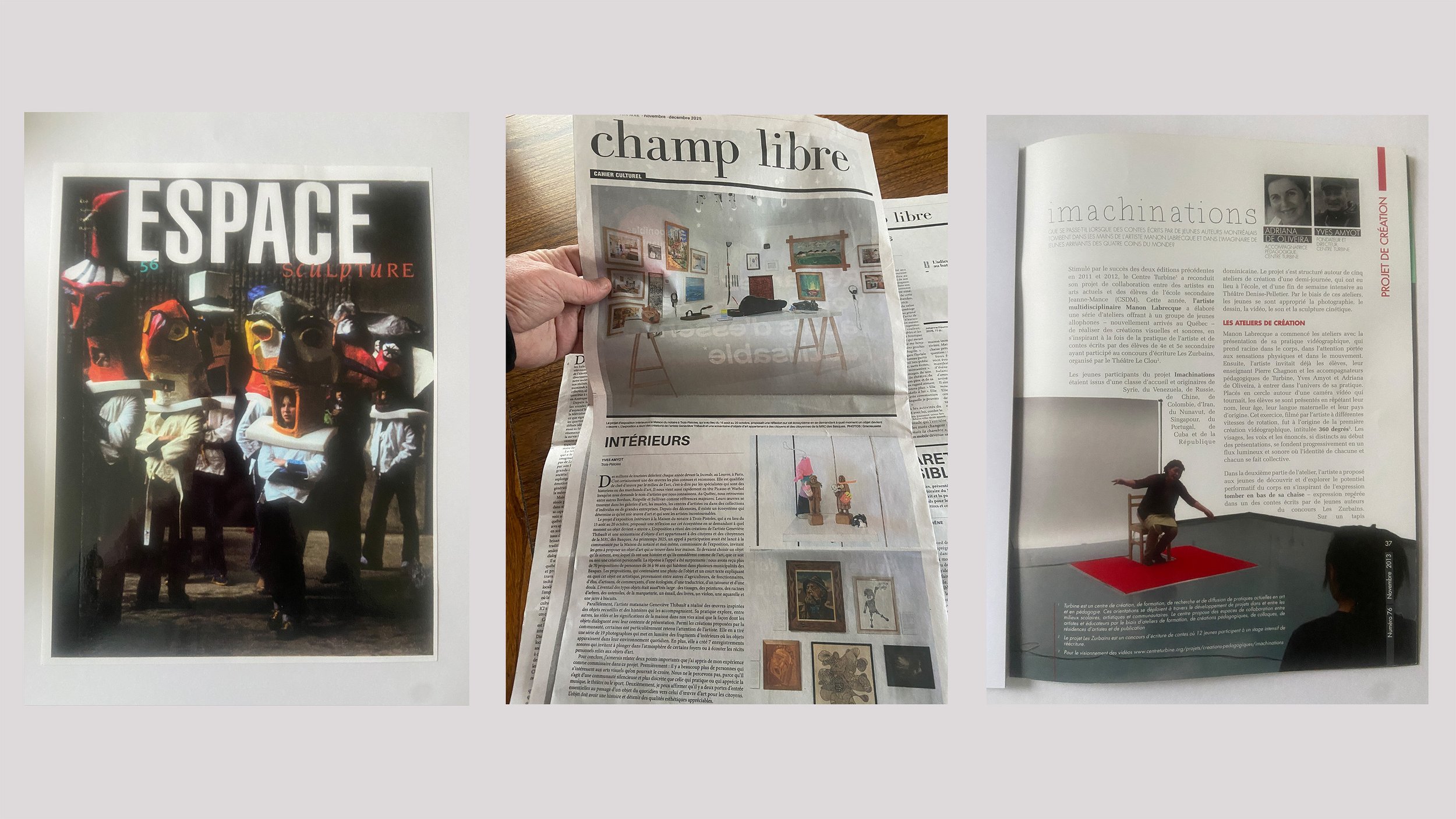 Une collection de trois images : la première montre une affiche d'une exposition d'art avec des silhouettes portant des masques colorés, la deuxième est une page de journal montrant des œuvres d'art dans une galerie, et la troisième montre une page de magazine avec une photo d'un artiste en performance dans une galerie d'art.