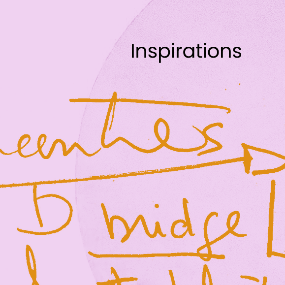 Note manuscrite indiquant 'Inspirations' avec des notes en français, sur fond rose.