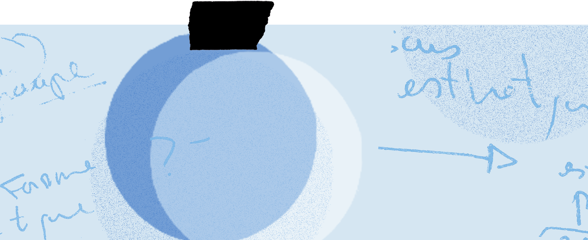 Schéma avec une sphère bleu clair, annotations et flèches en bleu, fond bleu, et ligne noire en haut