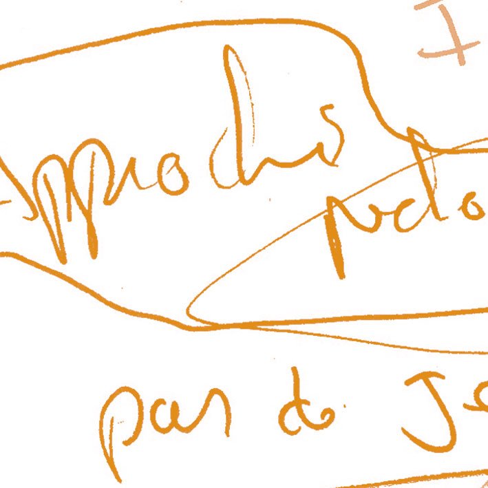 Dessin de texte manuscrit en orange avec plusieurs mots et lignes, écriture cursive.