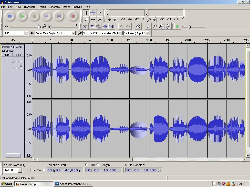 Capture d'écran d'un logiciel d'édition audio montrant une forme d'onde pour un projet appelé 'Noise comp'.