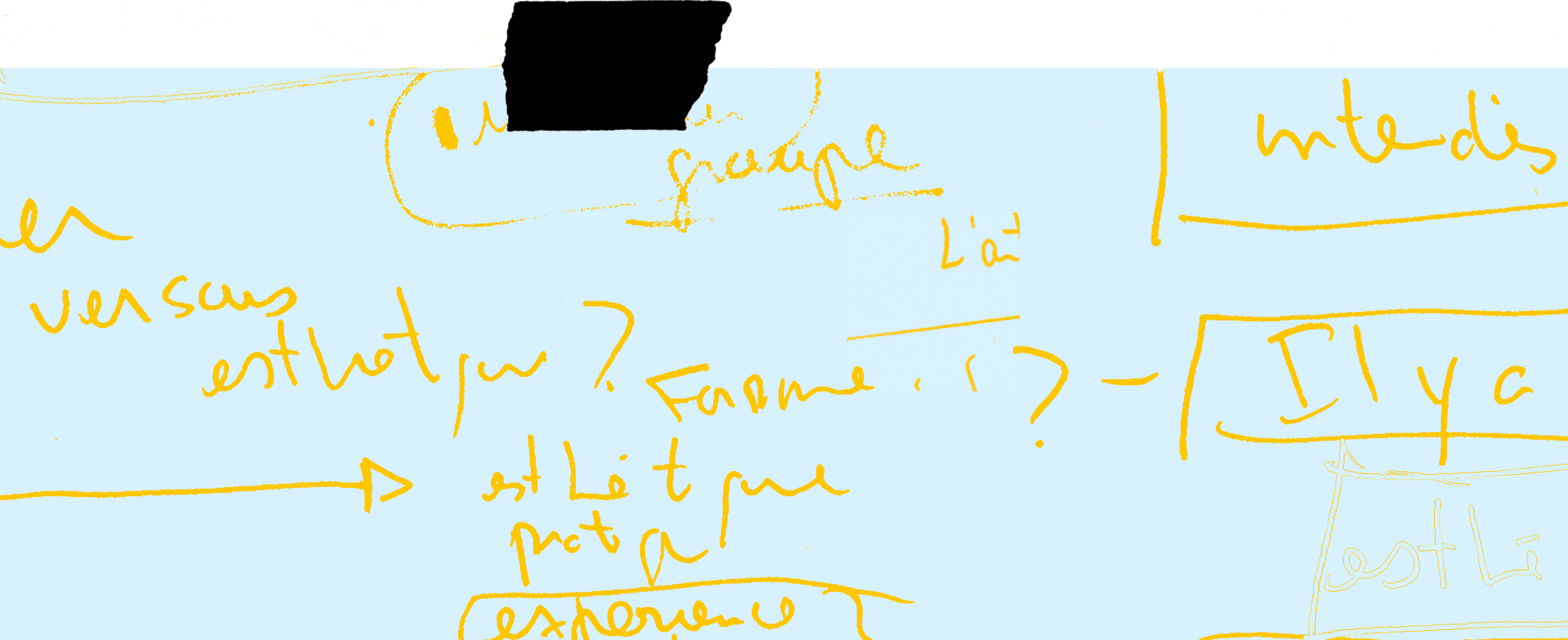 Texte manuscrit en français avec des notes et des dessins en jaune sur un fond bleu clair, incluant des questions et des mots comme "fais", "entendu ?" et "si tu peux".