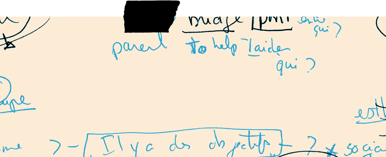 Note manuscrite en français et en anglais avec des annotations en bleu et noir, contrecollée par un morceau de ruban adhésif noir.