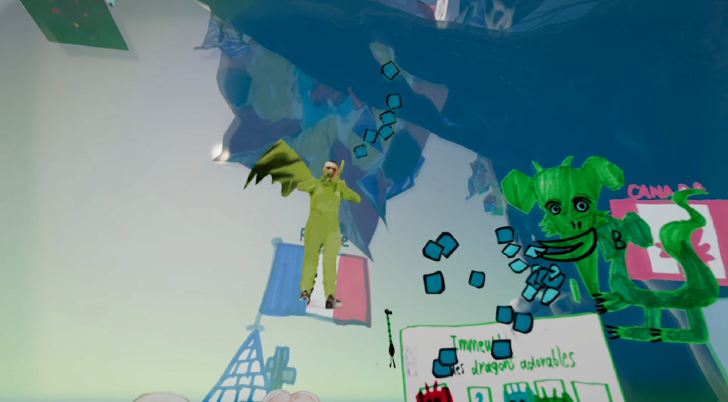 Personnage en costume de dragon vert avec ailes jaunes et un visage souriant, dans un environnement coloré avec des dessins de dragons, des cubes flottants et un panneau avec des dessins.