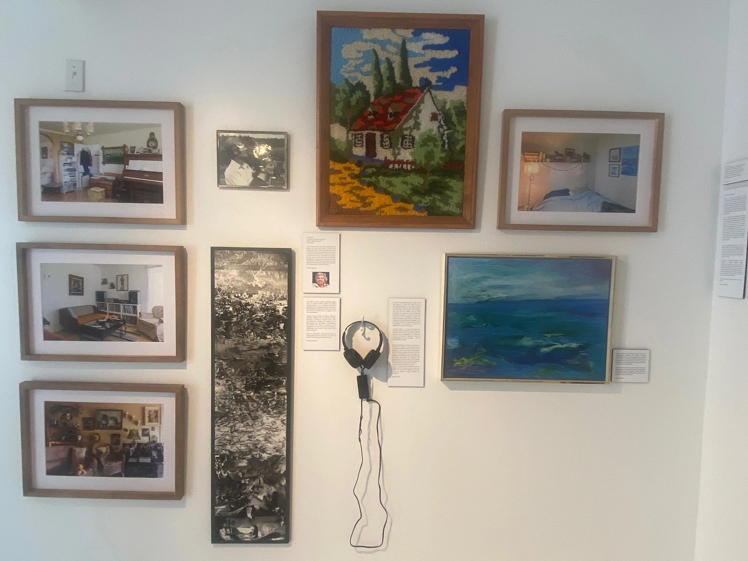 Mural de peinture représentant une maison rurale avec un toit rouge, entourée de nature, sous un ciel orageux, accroché à un mur blanc dans une galerie d'art.