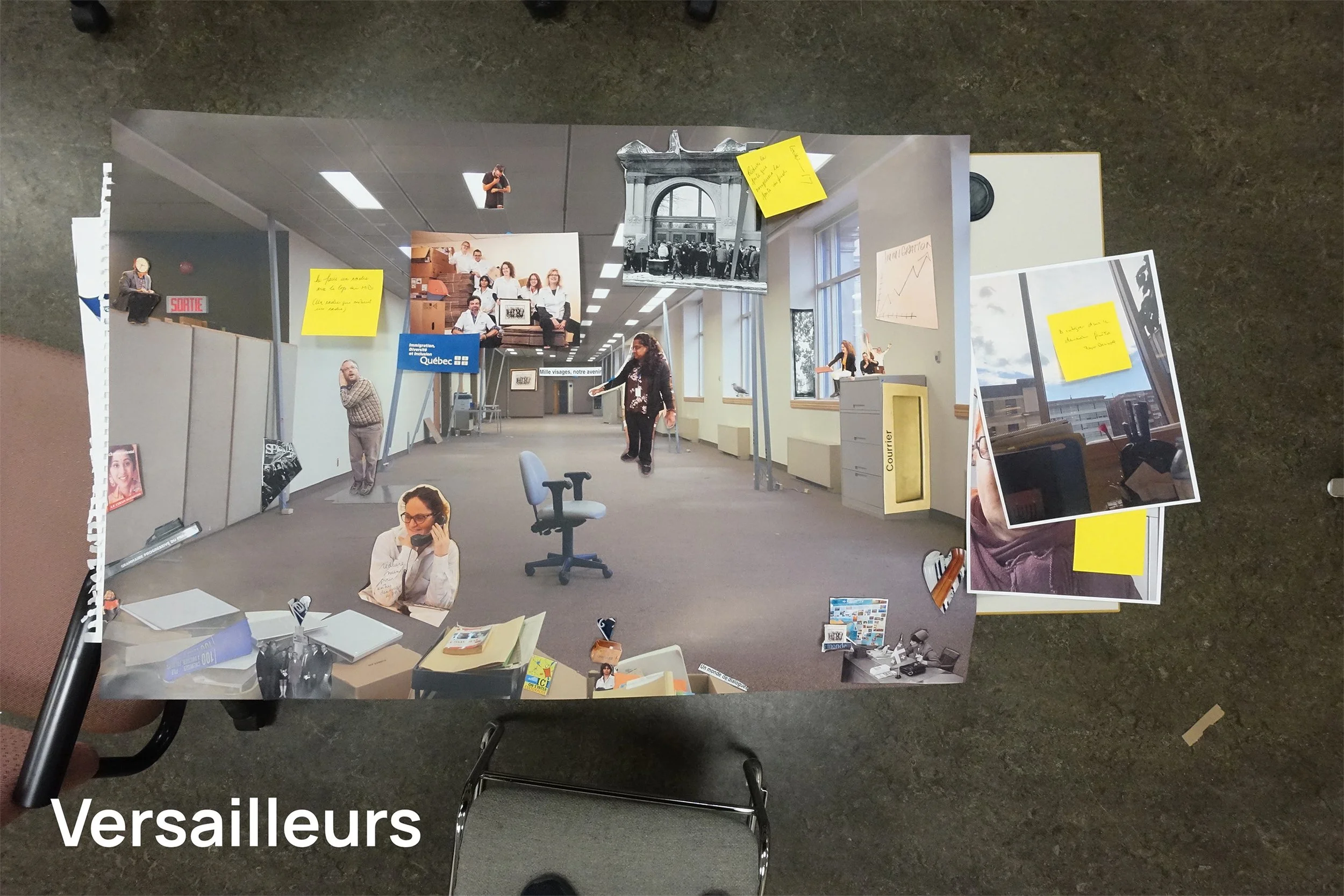Une composition de photographies représentant un espace de bureau, avec des personnes travaillant ou se déplaçant, affichant des notes autocollantes jaunes, des documents, un ordinateur, une chaise, et une vue extérieure par la fenêtre.