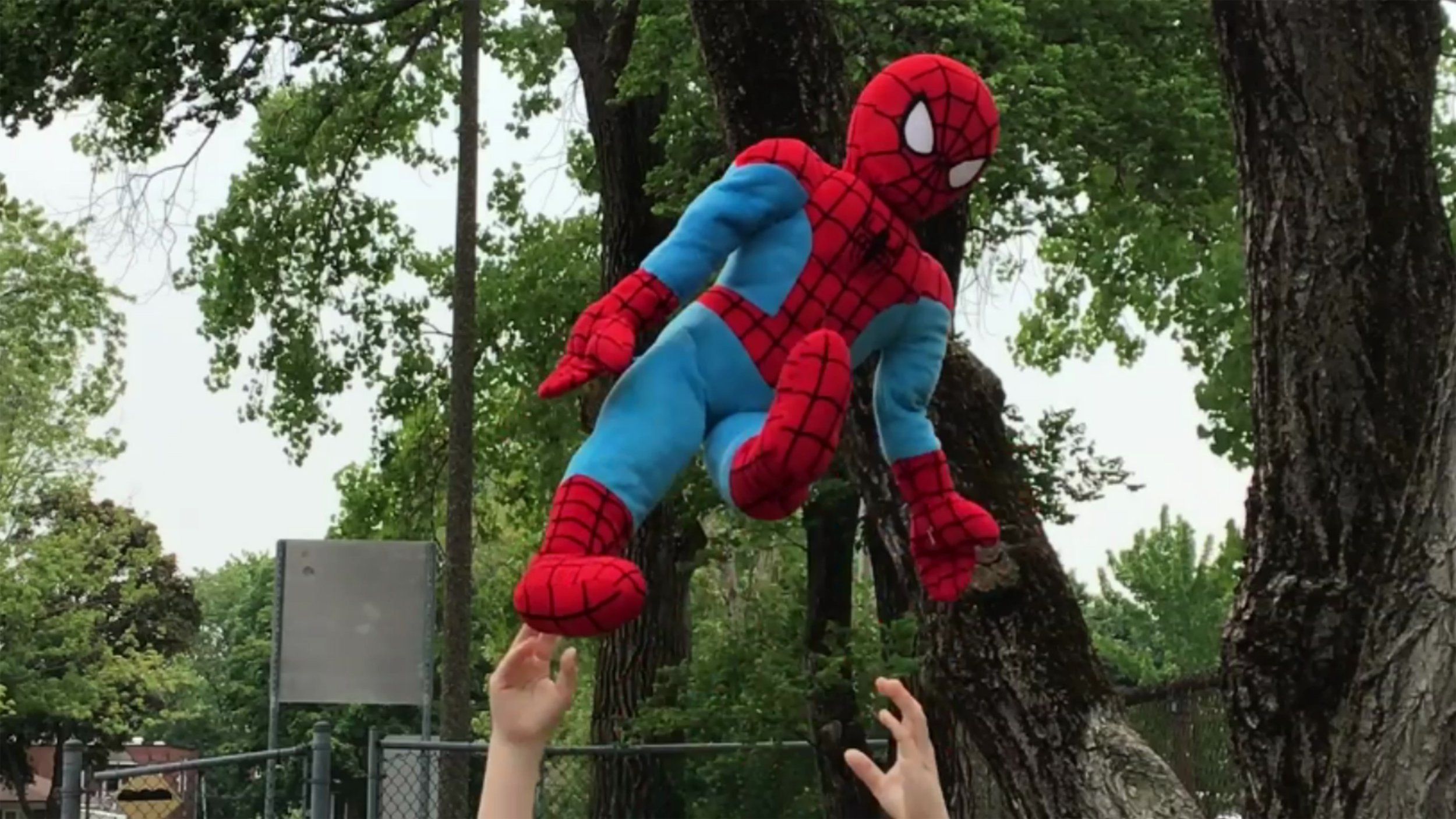 Un costume de Spider-Man dans un arbre, avec des mains d'enfants en dessous tentant de l'attraper.