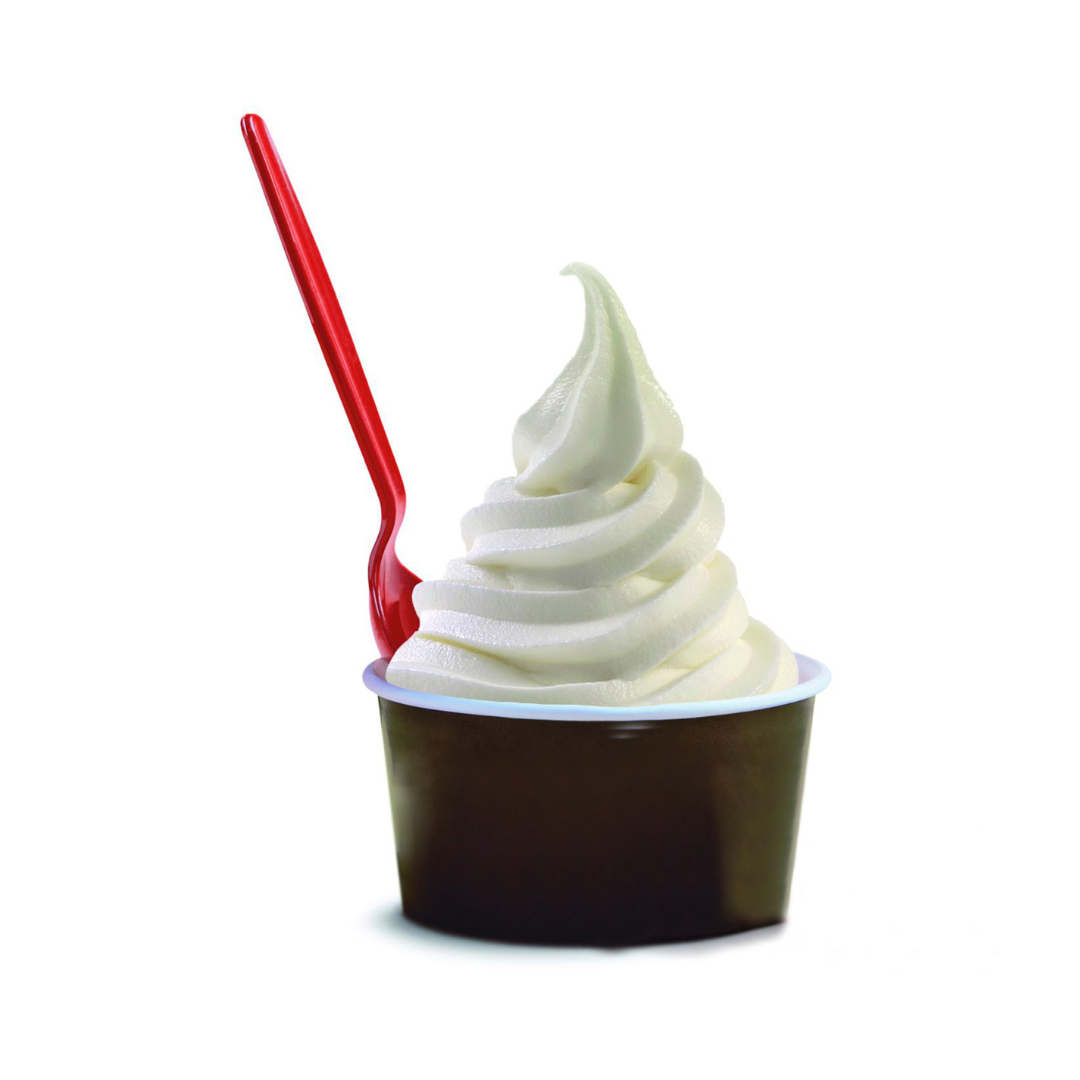 A cup of vanilla soft serve ice cream with a red spoon on a white background.