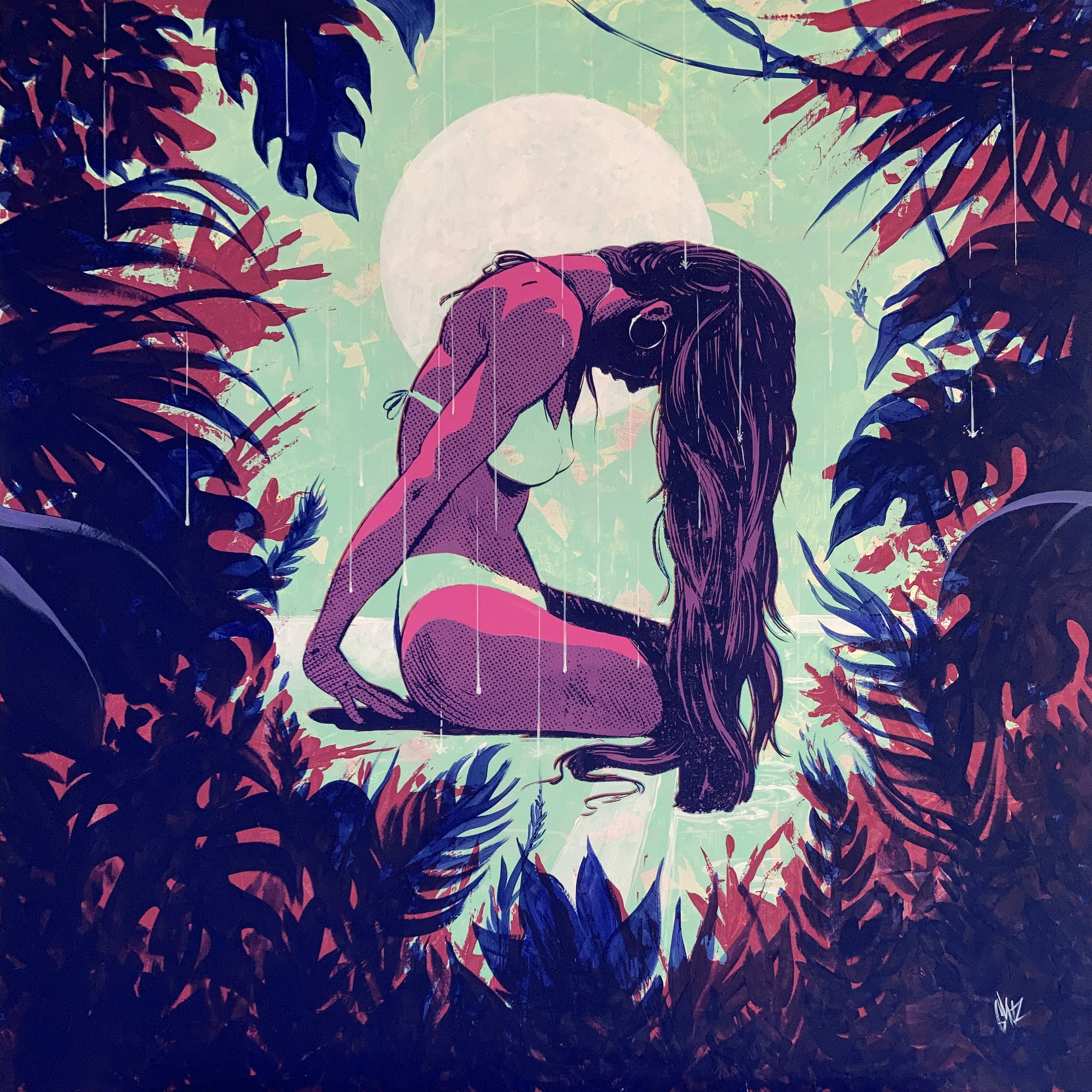 Rain on Monstera, acrylic on panel, 48 x 48 inches, 2026