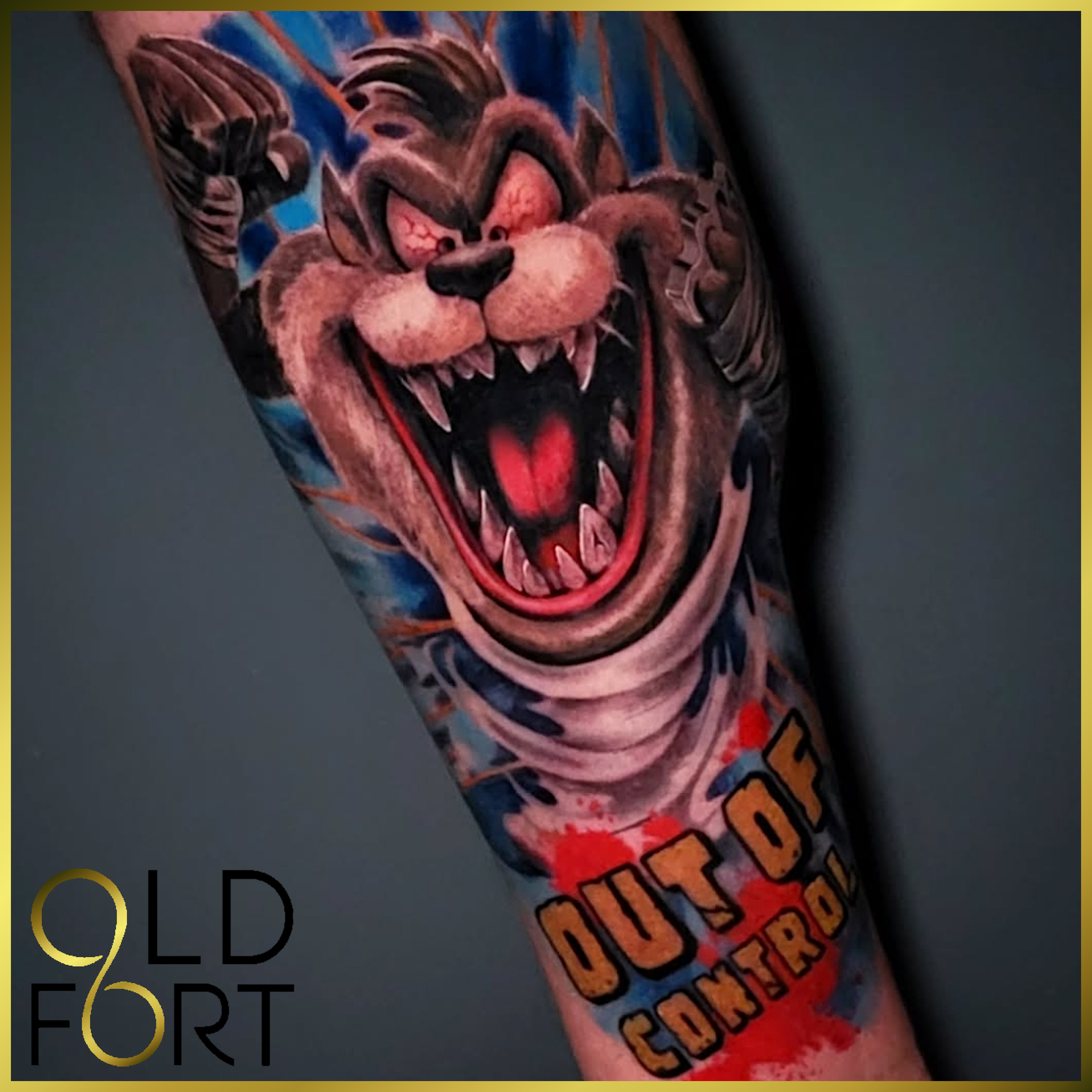 Tattoo of a snarling cartoonish tiger with an open mouth, showing sharp teeth, and the text 'DUDE CONFUSED' below it.