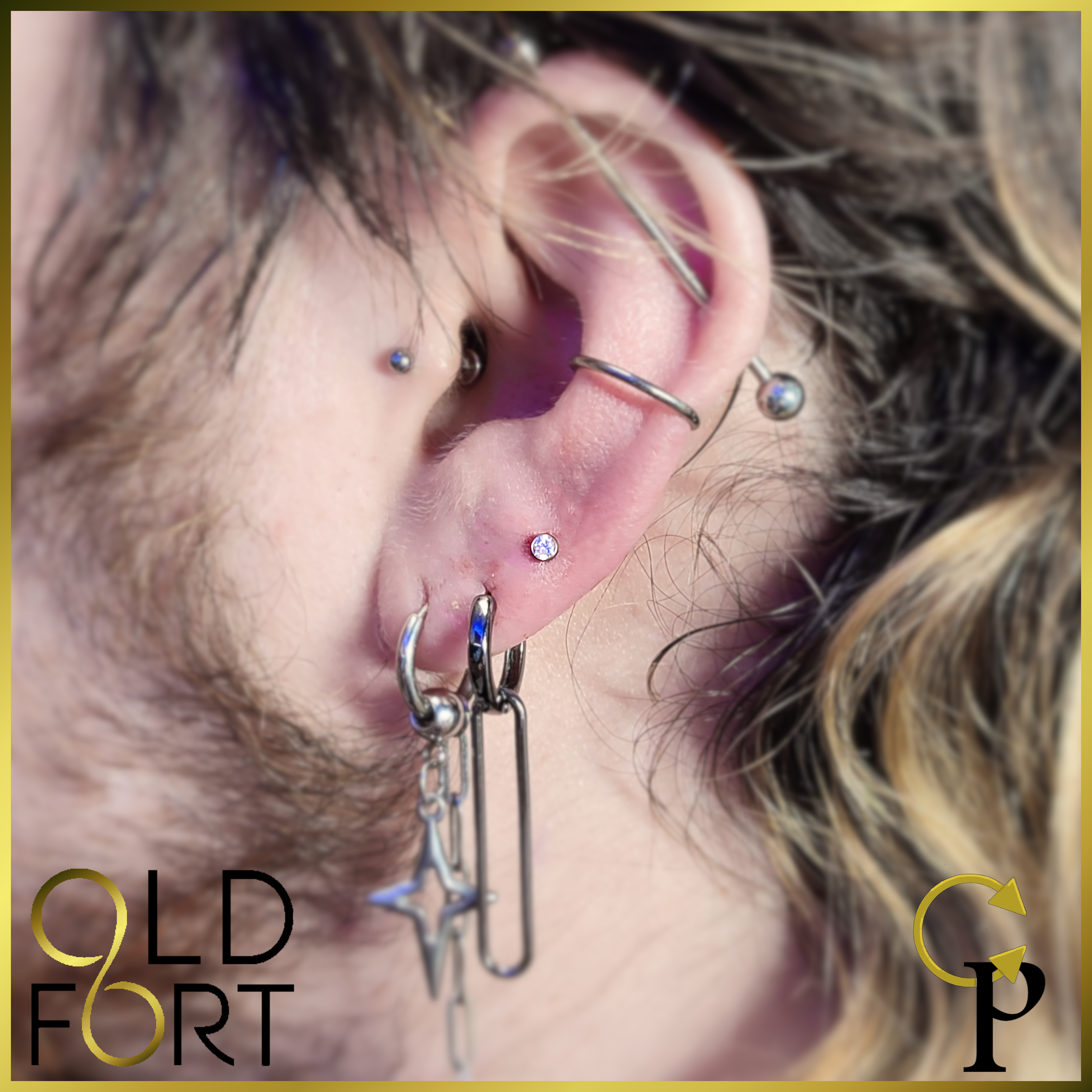 Close-up of a person's ear with multiple piercings, including a helix, tragus, lobe, and multiple earrings with various designs and jewelry, including studs, hoops, and dangles.