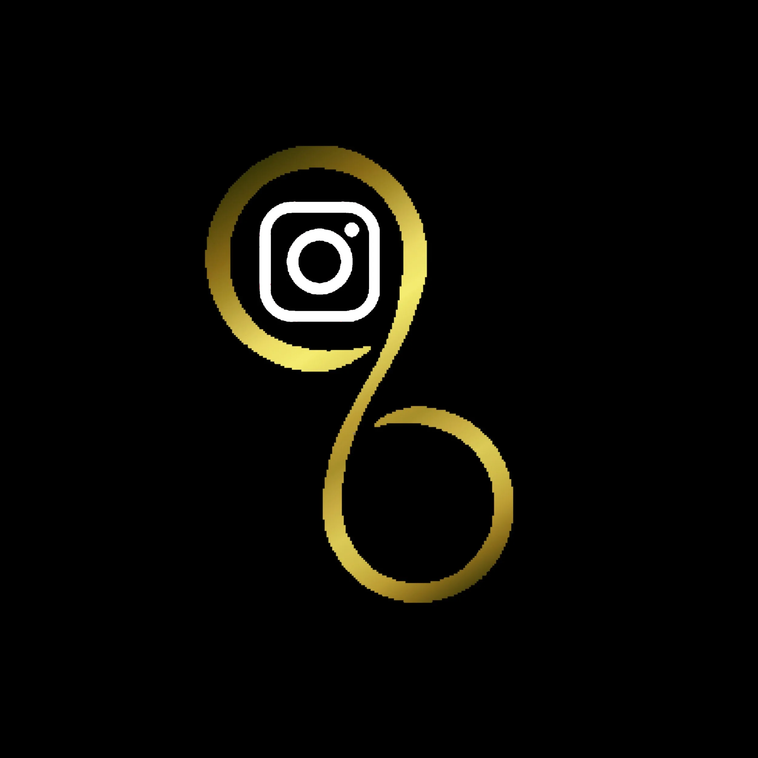 Gold and white graphic with a stylized camera icon inside a circle, and a curving line extending below, resembling a ribbon or path, on a black background.