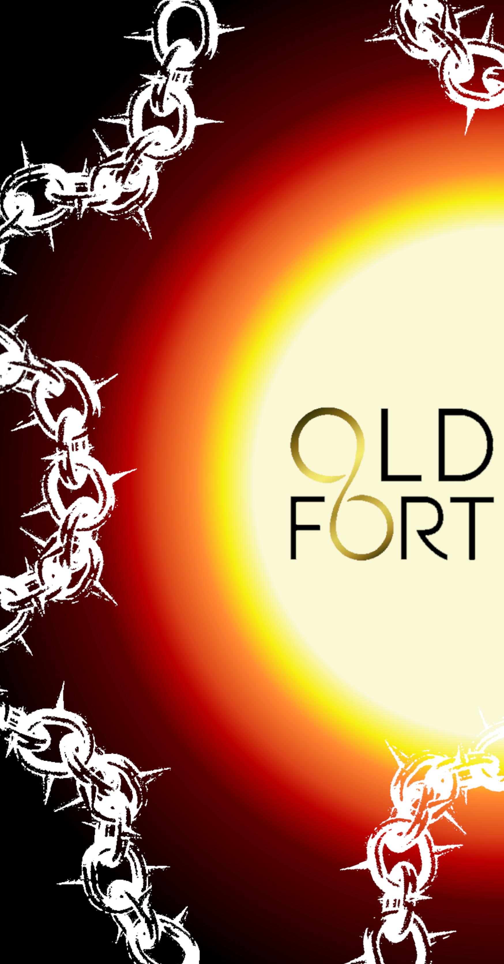 A graphic illustration of a sun with white and red gradient background, barbed wire border, and the words 'Old Fort' in black text, with a stylized gold number 2.