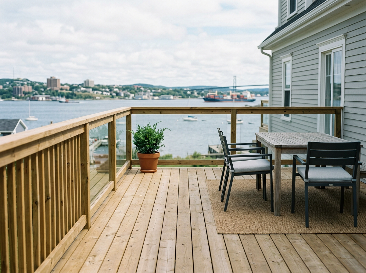 A wooden balcony overlooking a river with boats, houses, and a bridge in the distance, furnished with a table, four chairs, and a potted plant.