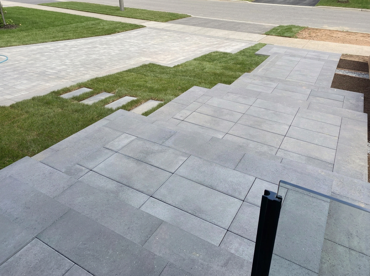 Gray stone steps leading to a concrete and grassy yard, with a street in the background.