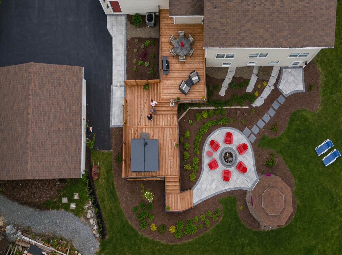 An aerial view of a backyard featuring a wooden deck with outdoor furniture, a stone patio with six red chairs around a fire pit, a landscaped garden, and two lounge chairs on the grass.
