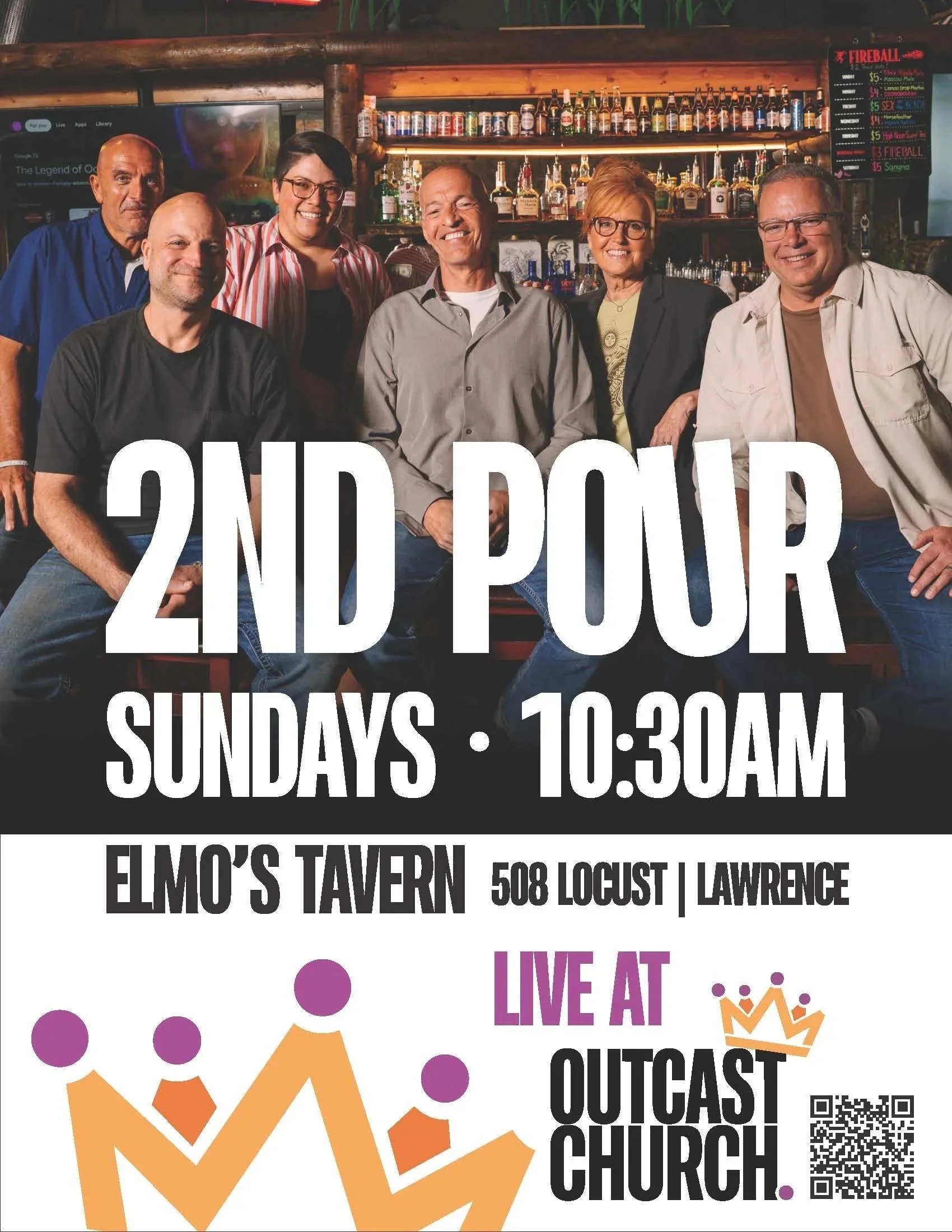 Group of seven people standing and sitting in a bar with shelves of bottles behind them, advertising a live music event at Outcast Church.