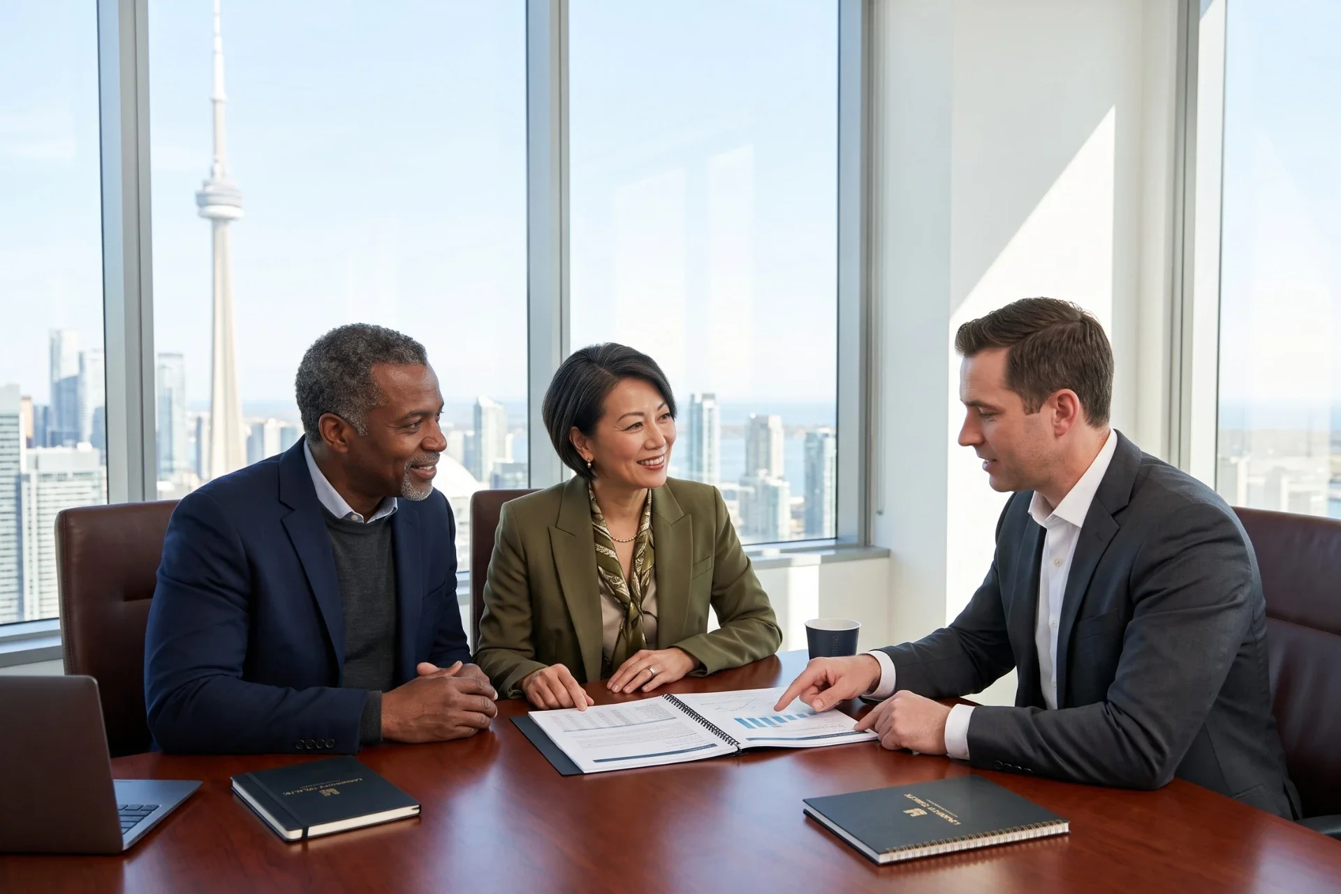 A diverse professional couple discusses their financial plan with an advisor in a high-rise office overlooking the Toronto skyline