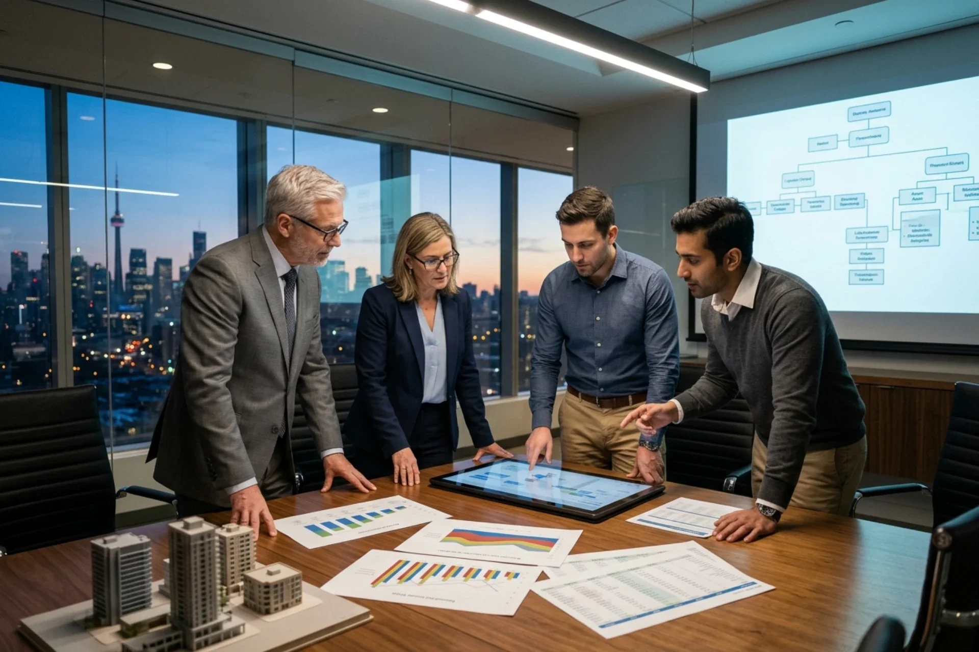 A group of four diverse financial professionals and business owners analyzing corporate wealth strategies and life insurance planning in a modern boardroom