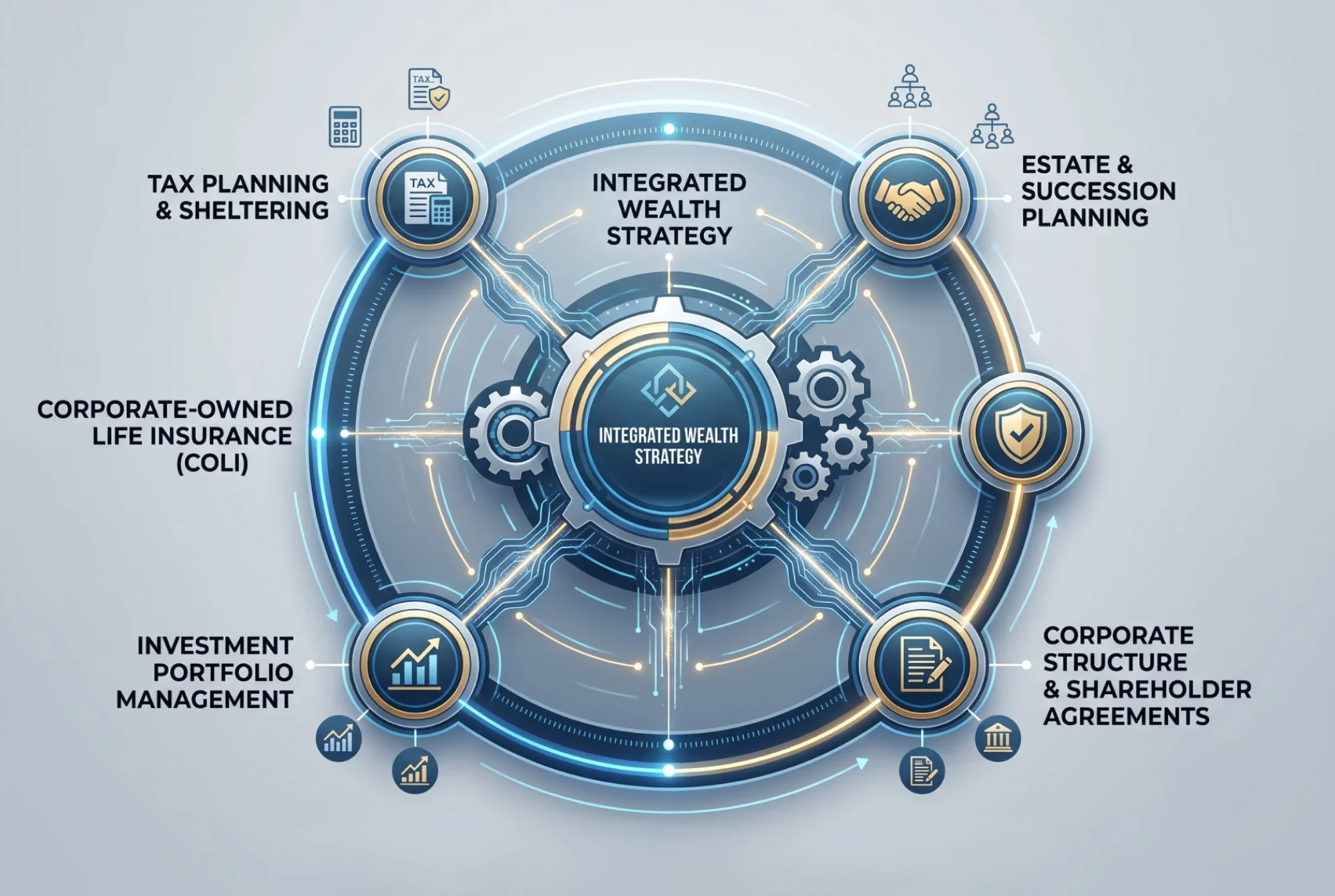 A conceptual diagram showing how corporate-owned life insurance coordinates with tax, estate, and investment planning for integrated wealth management.