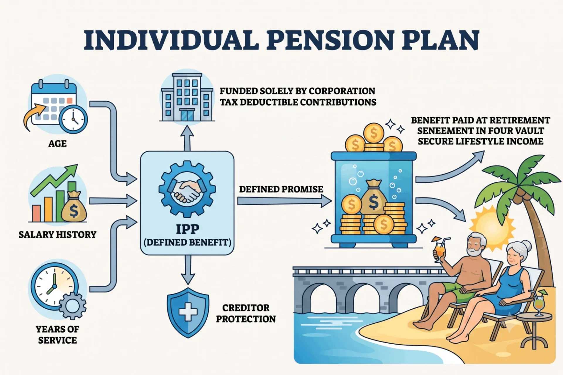 Flowchart visualizing the factors that define an IPP benefit and how it is funded exclusively by the sponsoring corporation