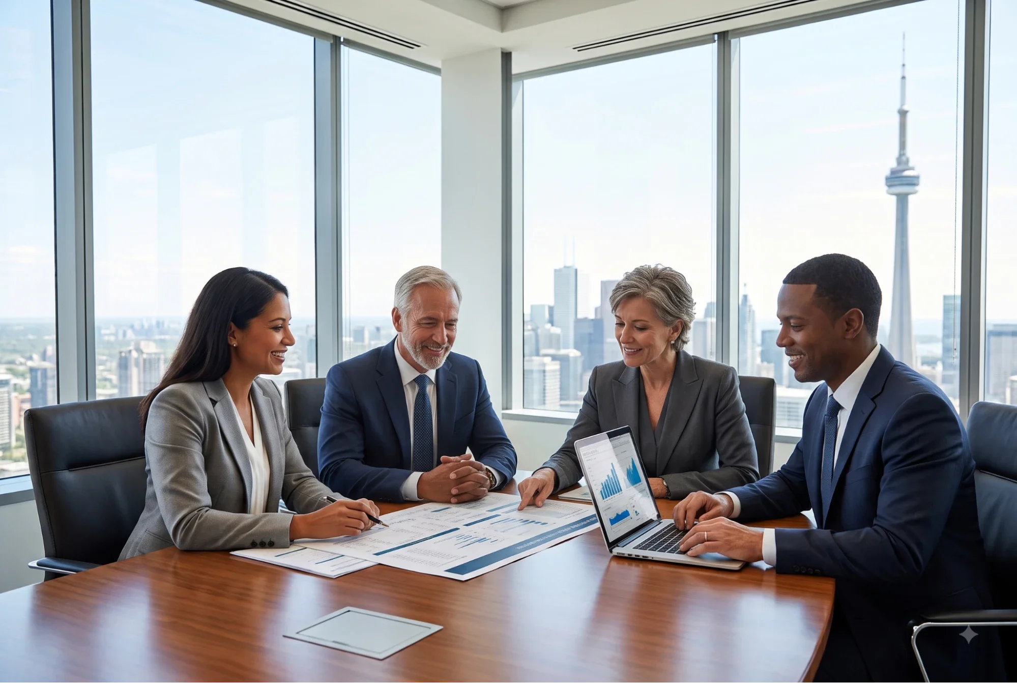 A diverse team of professional wealth advisors in a modern Toronto boardroom, collaborating on a client's integrated financial plan