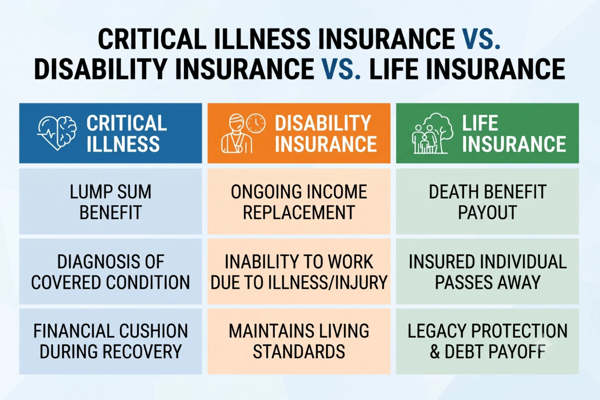 A vertical comparison table showing differences between critical illness, disability, and life insurance