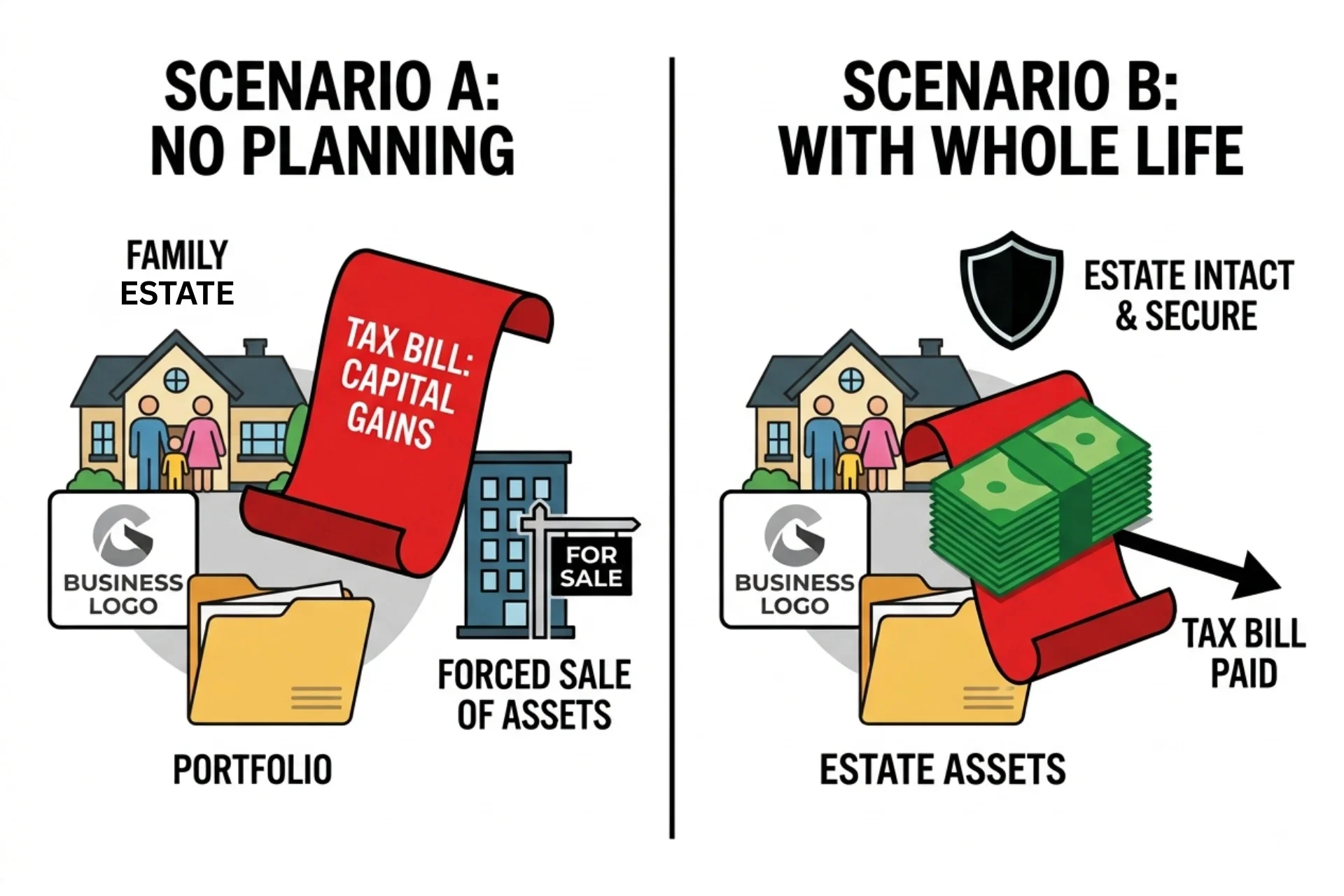 A two-scenario infographic contrasting an estate with and without planning, showing how a whole life death benefit covers capital gains taxes to keep a business intact.