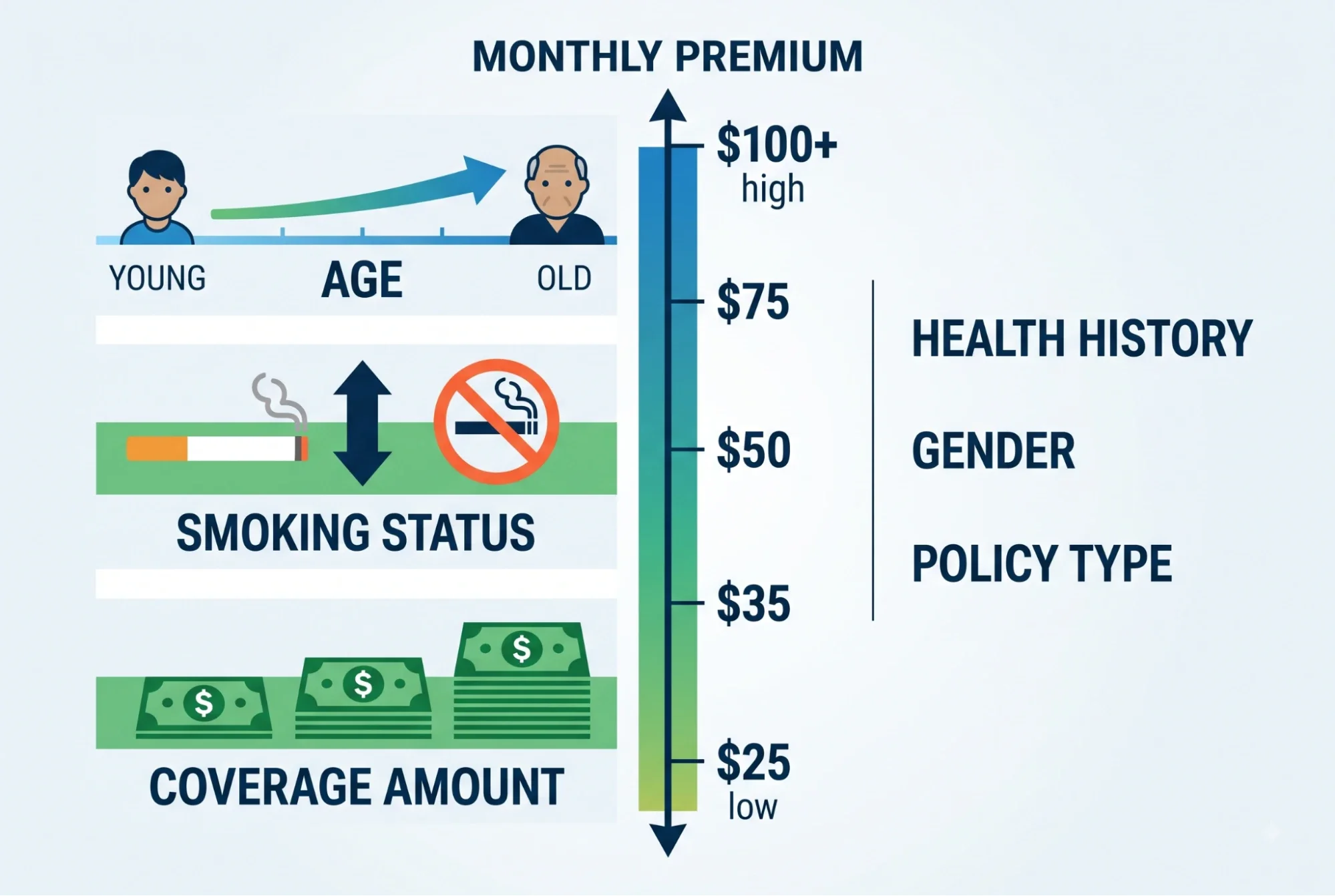 An infographic breaking down how age, coverage amount, and smoking status increase or decrease critical illness insurance premiums