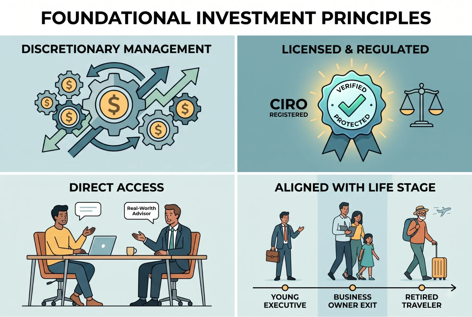 Four clean icons illustrating private wealth investment principles: discretionary management, licensed & regulated advisors, direct client access, and alignment with life stages