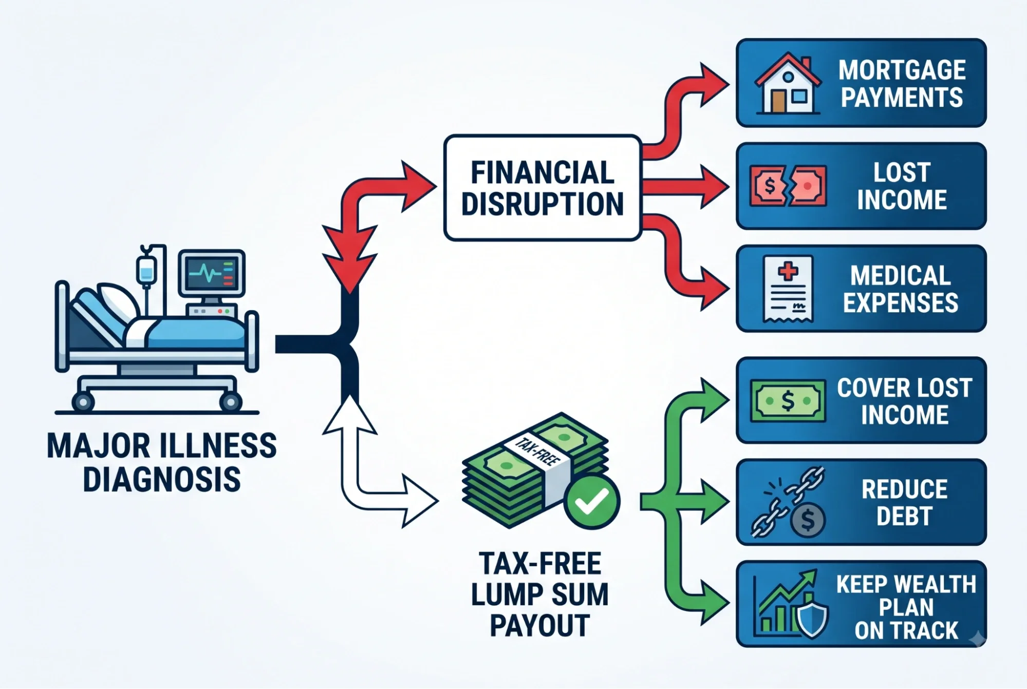 An infographic shows two post-illness paths: financial disruption vs. a lump-sum payout protecting long-term wealth.